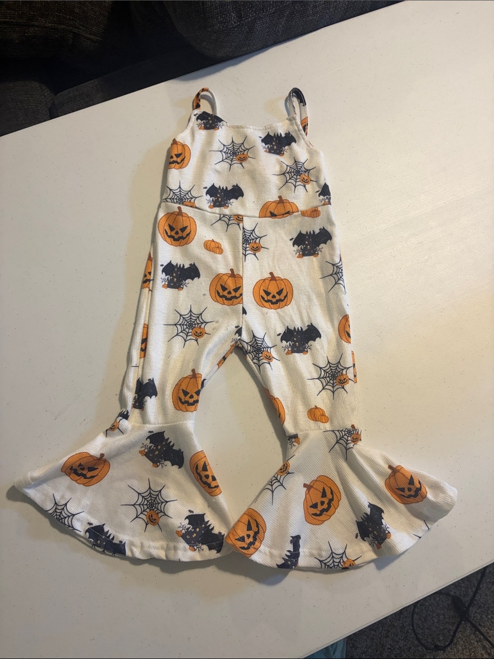 Kids Halloween Pumpkin & Bat White Ruffled Jumpsuit